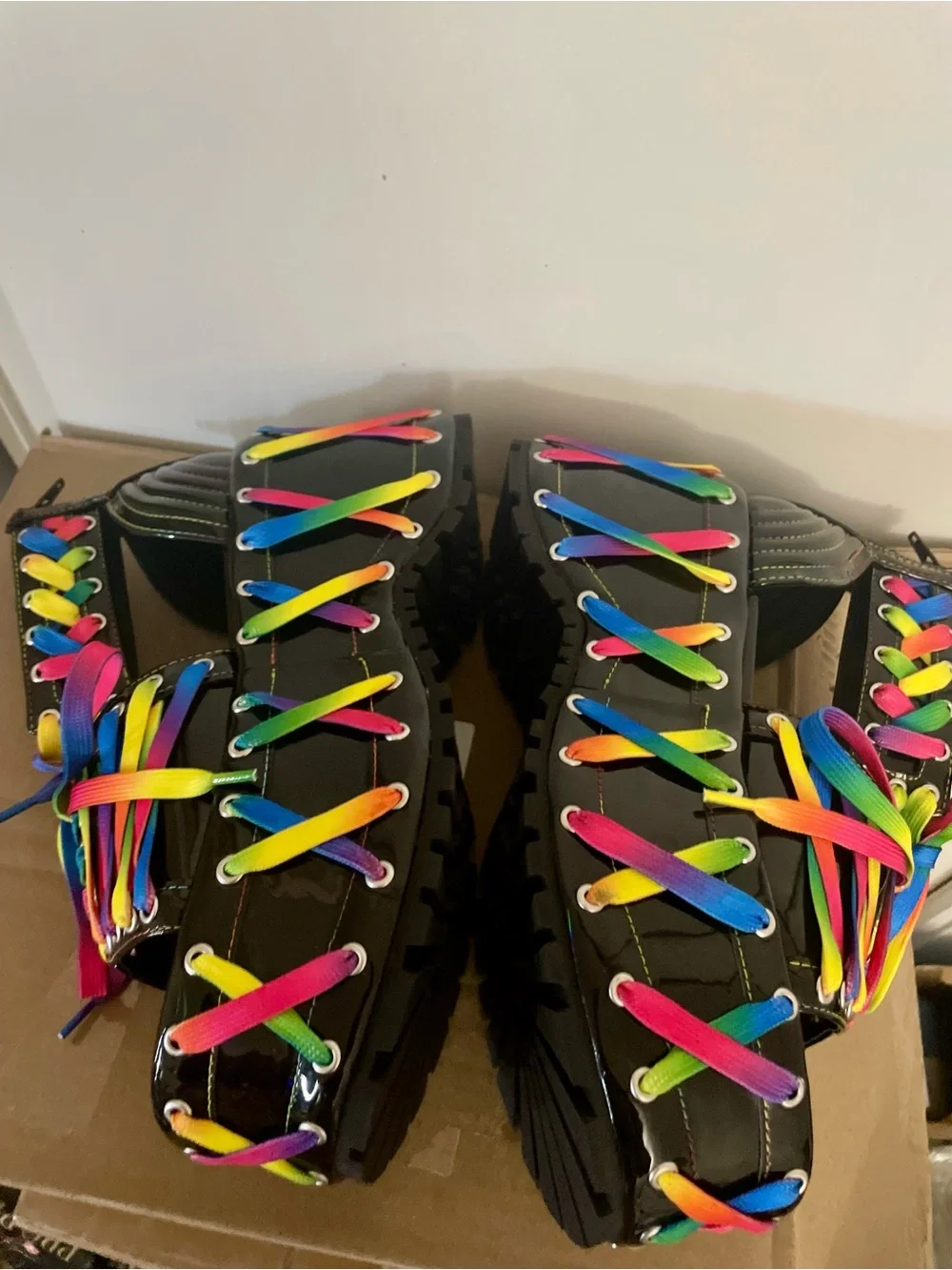 Patent Black Platform Lace-Up Shoes with Rainbow Laces